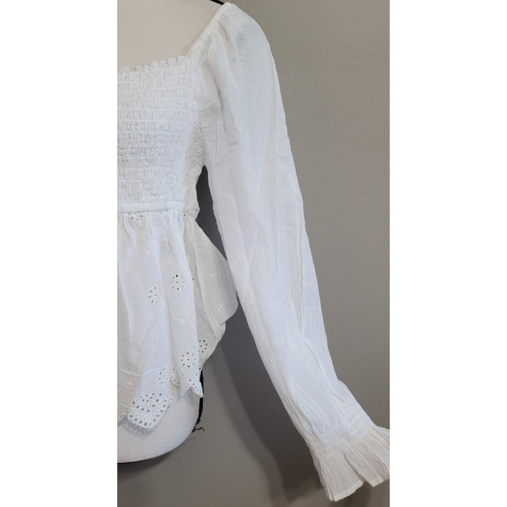 White Smocked Peplum Long-Sleeve Top - Picture 7 of 8